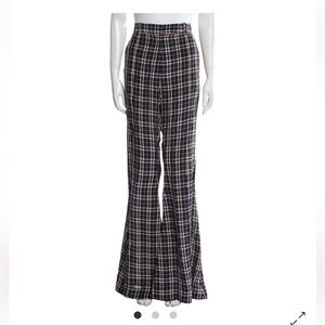 KHAITE Stockard Checked Trouser High Waist Flare Bell Bottom Viscose Pants Navy